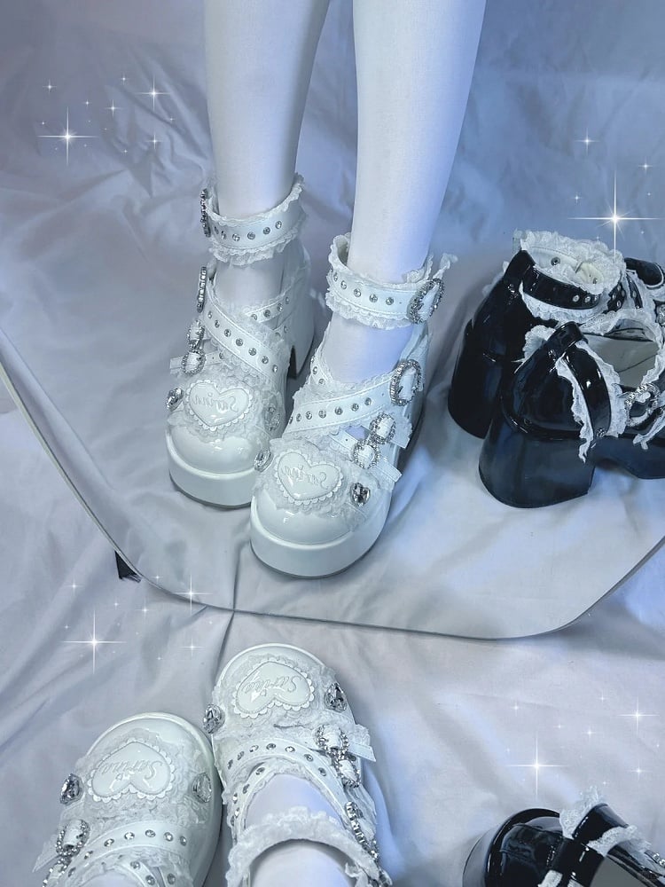 Heel White with Lace-Trimmed Jirai Cross Toe Kei Strap Round Block Platform Shoes: and Chunky