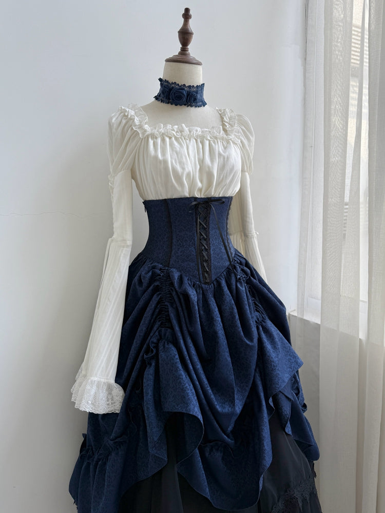 White Bell Ruffle Blouse Long Elastic Neckline Trimmed Sleeves