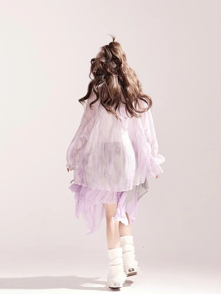 Light Waist Wide-leg Casual Loose Shirt / Pants Purple Drawstring