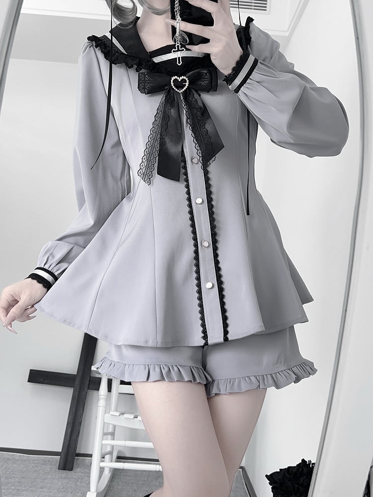 Back Purple Design Ears Tie Jirai Mini Dress + Ruffle Hem Shorts Set- + Bow Dusty Kei Sailor Collar Bunny