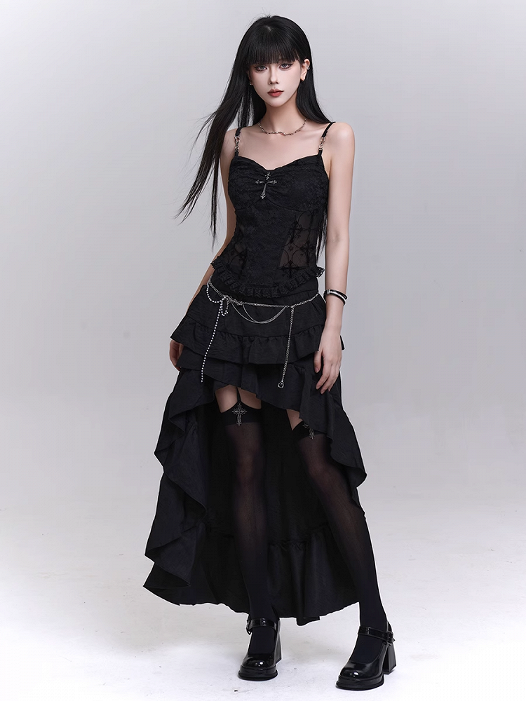 with Beaded Black Lace Patches Waist Cross Decorated Cami Top Chains
