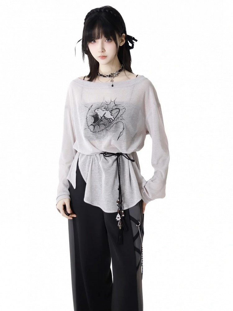 Three Set Strap Bunny Print Coverup+Cami Top +Self-tie Gray Off-the-shoulder Pieces