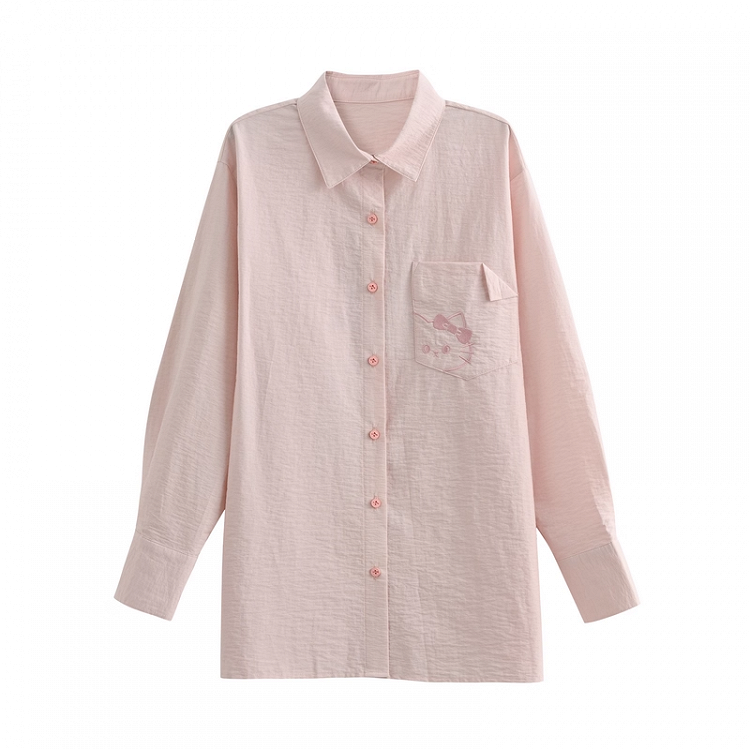 Back Shirt Kitty Embroidery on Pocket Kitty-shaped Detail Blue/Pink Loose Cutout