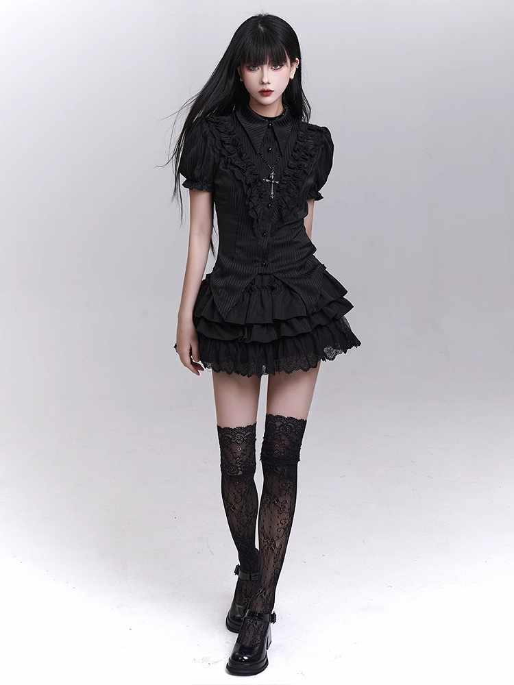 Bloomers Black Elastic Waist Lace Trim Mini Tiered Skirt Lining