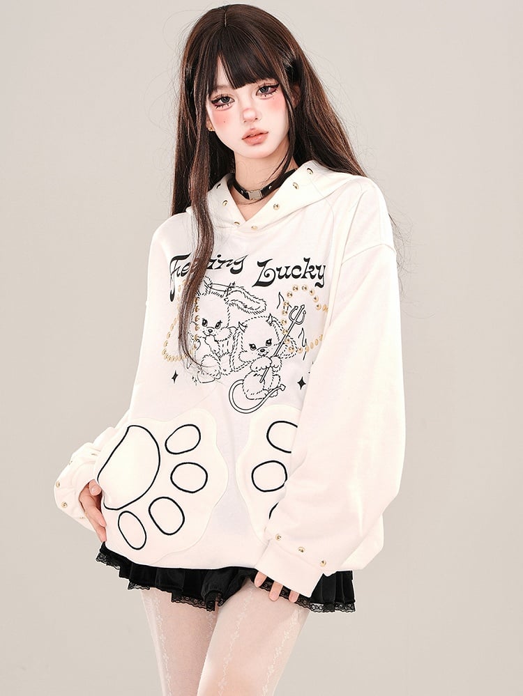 Weiß/grauer Hoodie mit Nieten und Devil Bunnies-Print