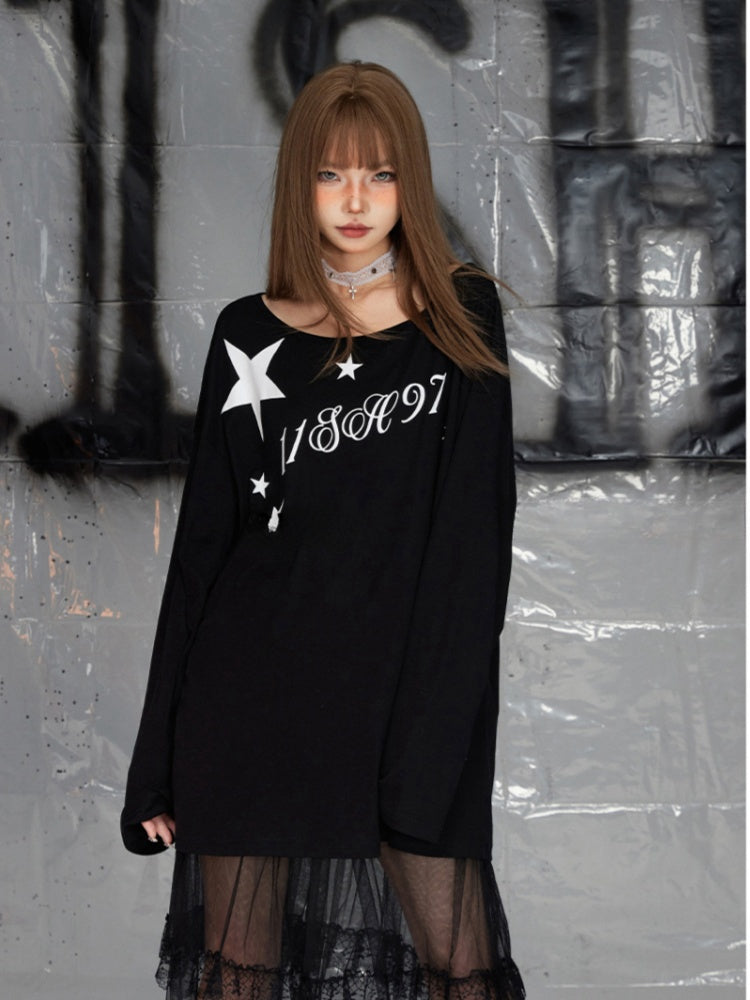 Black Asymmetrical Neckline Letter Print Top Loose