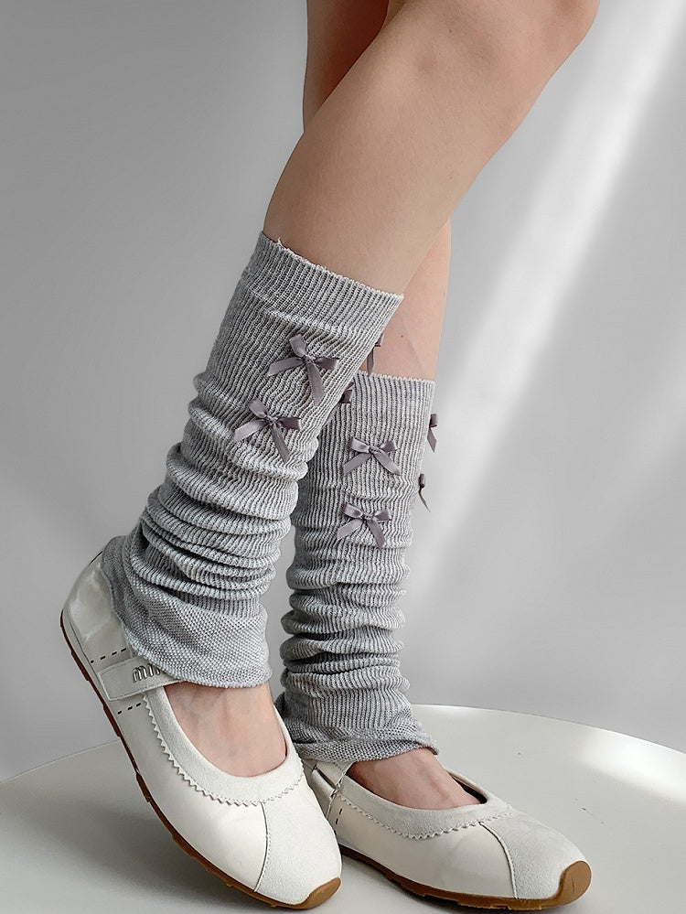 Bowknot Details Gray/White Knitted Warmers Leg