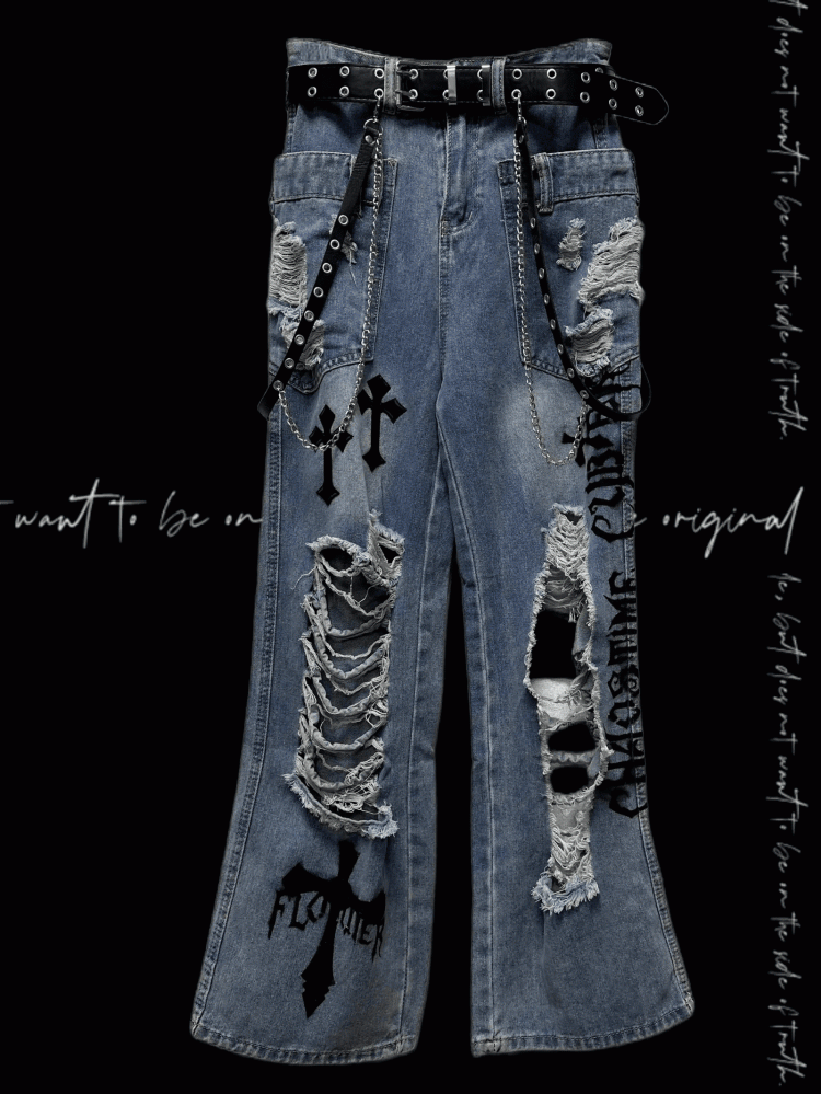 Jeans Wash Glamorous Flared Faded Blue Distressed Holes Cross Appliques