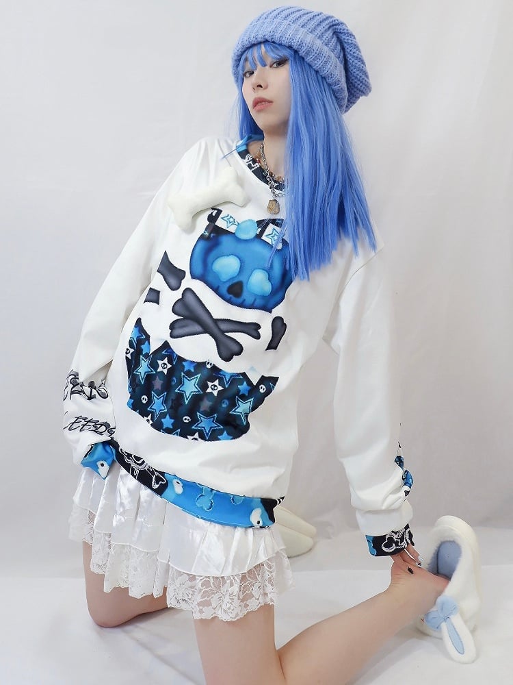Skelett Guro WeißBlau Und Stern Sweatshirt Druck Kawaii Knochen