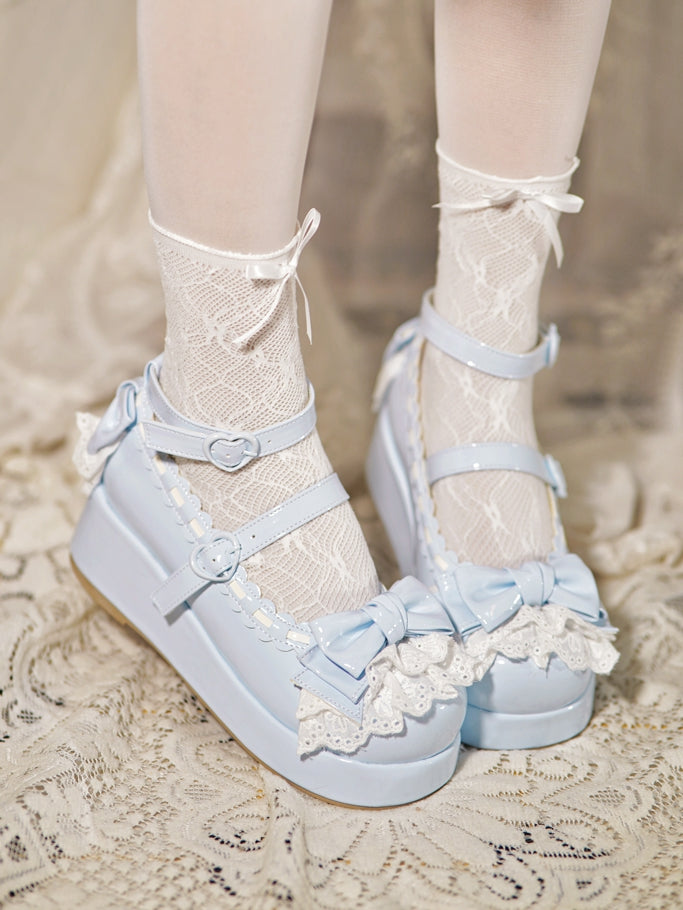 Blue Trim Baby Buckles Platforms at Heart Lace Top Bow