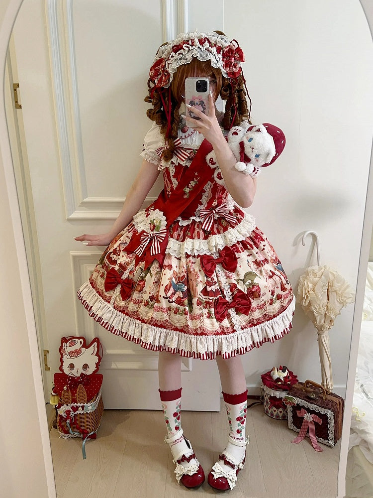 Red and Strawberry Print Dress Skirt Sweet Lolita Jumper Bunny