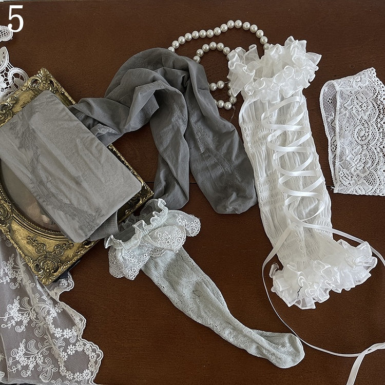 Semi-sheer Warmers/White Lace-up Pattern Gray Lace Leg Tights/White Loop Hollow-out Socks/White Floral
