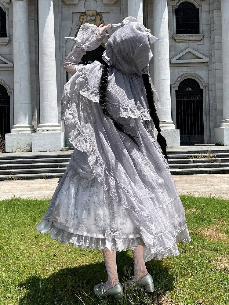 Cascading Gray Ruffle Silver Trimming Cloak