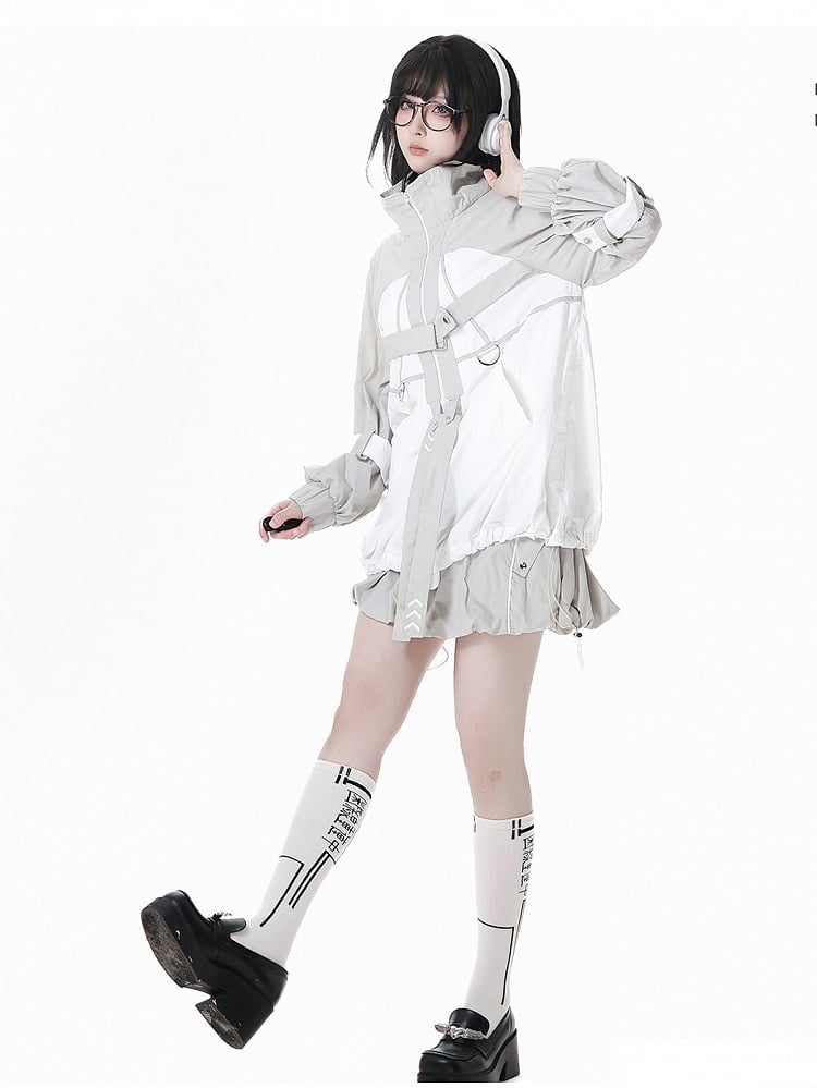 and White Techwear Sun Protection Jacket Gray Hem Colorblock Drawstring