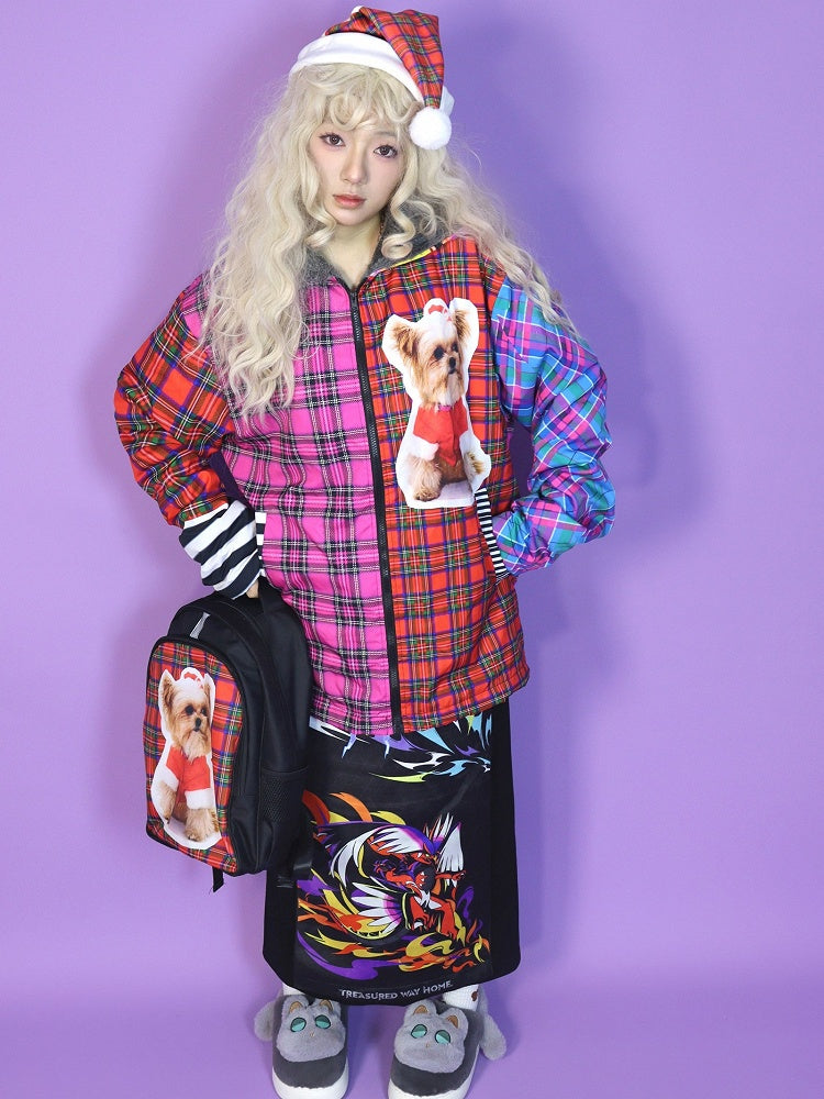 Weihnachts-Y2K-Farbenfrohe Oversize-Kapuzenjacke mit Fleecefutter, Karomuster und Welpen-Print