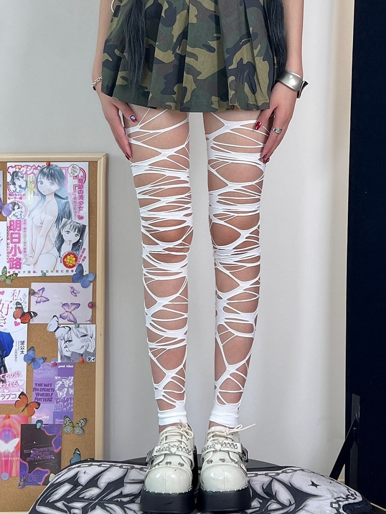 Long Stockings Asymmetrical Details Y2K Cut-out Over-knee Black/White Design Version