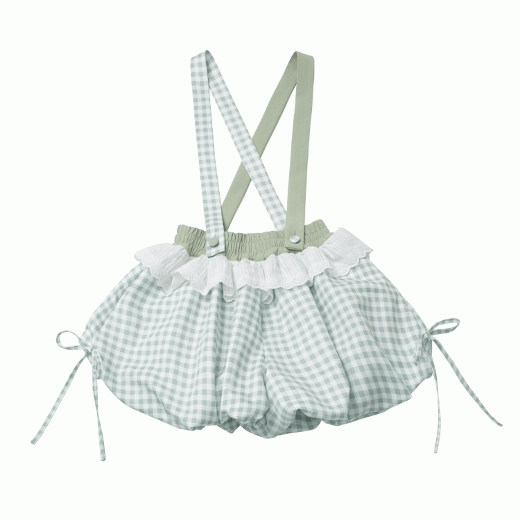 Bubble Shorts Grün Plaid Overalls Abnehmbare Träger Schulter