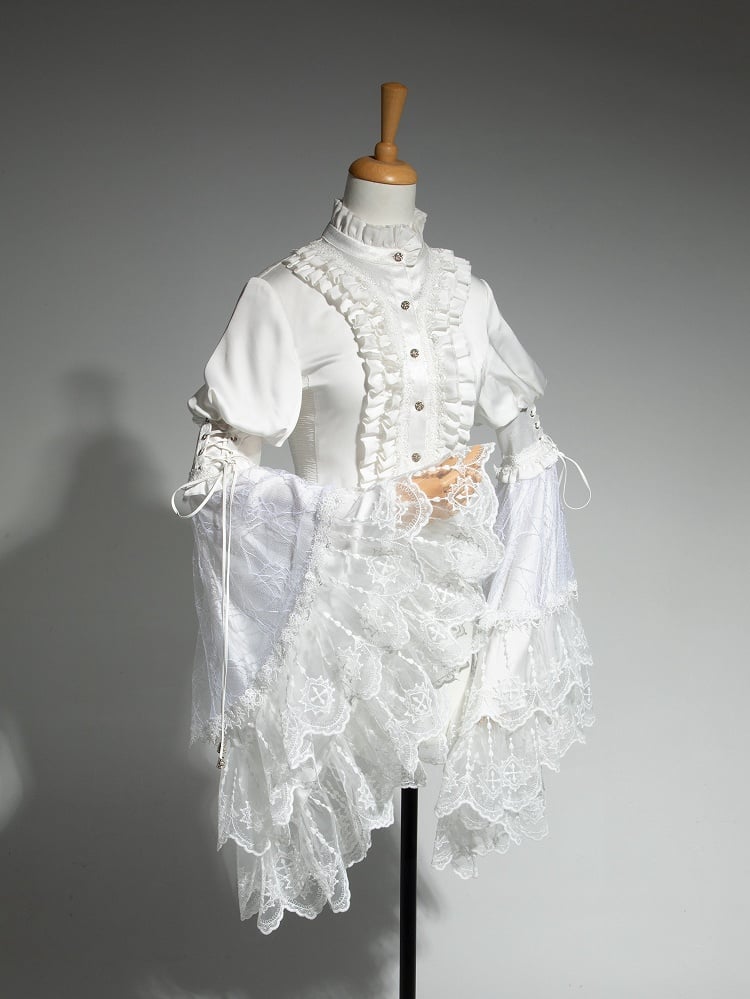 Aristocrat Sleeves Bell Ruffled Patched Lace Neck White Ouji Fashion Shirt Lolita