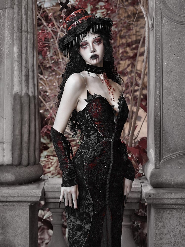 Schwarzer abnehmbarer Hut Goth Roter Schleier und mit Halloween