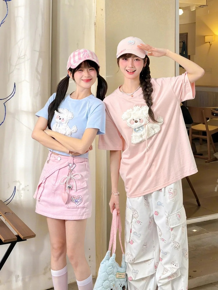 Kawaii Blue/Pink Plush Puppy Applique T-Shirt Yume