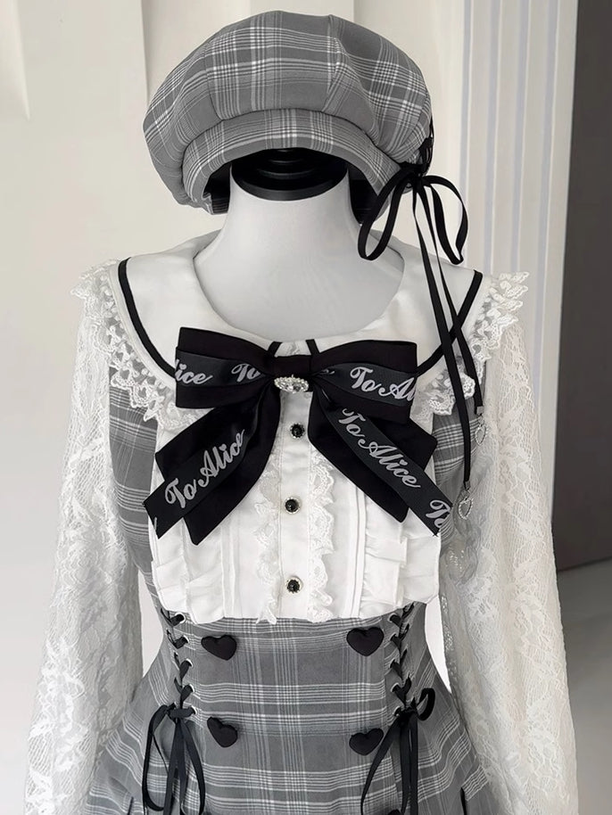 Jirai Kei Graues Set, Peter-Pan-Kragen, hoher Taille, Kellerfaltenrock, kariertes Kleid + Shorts mit Rüschenbesatz und Bündchen