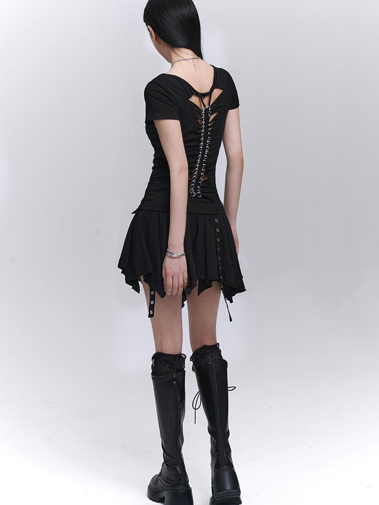 Asymmetrical Hem Tiered Skirt with Black Serpentine Belt