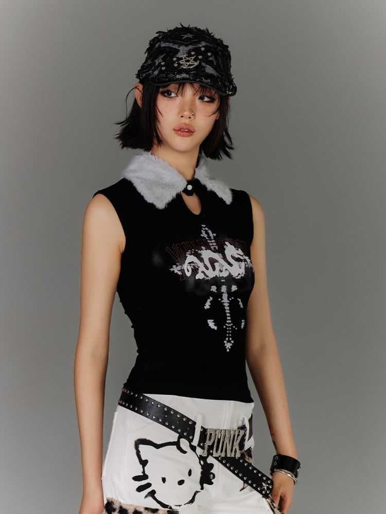 Y2K Black Plush Collar Snap Neckline Keyhole Graphic Glamorous Tank Top