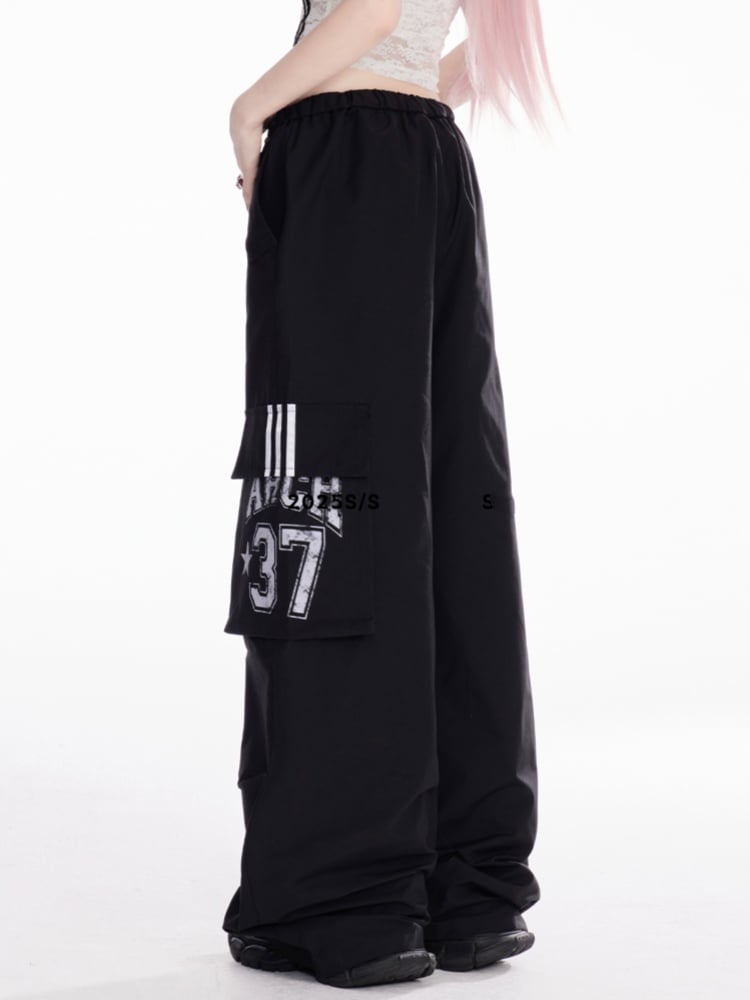 Drawstring Waist Striped Side Wide-Leg Cargo Pants Black/White