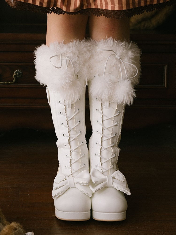 White Embellishments Cuff Lace+Zip Lolita Top Boots Bow - Knee-High with System Sweet Plush
