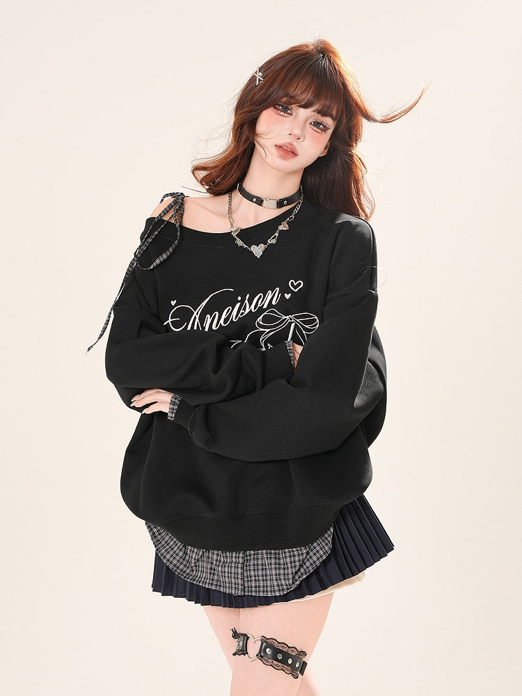 Sweatshirt zum Binden, asymmetrischer Ausschnitt, karierter Saum, schwarz/grauer Schultergurt