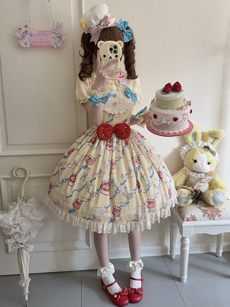 Lolita Print Dress Yellow Showa Cherry Fashion Cream Sweet Cake Kitty and
