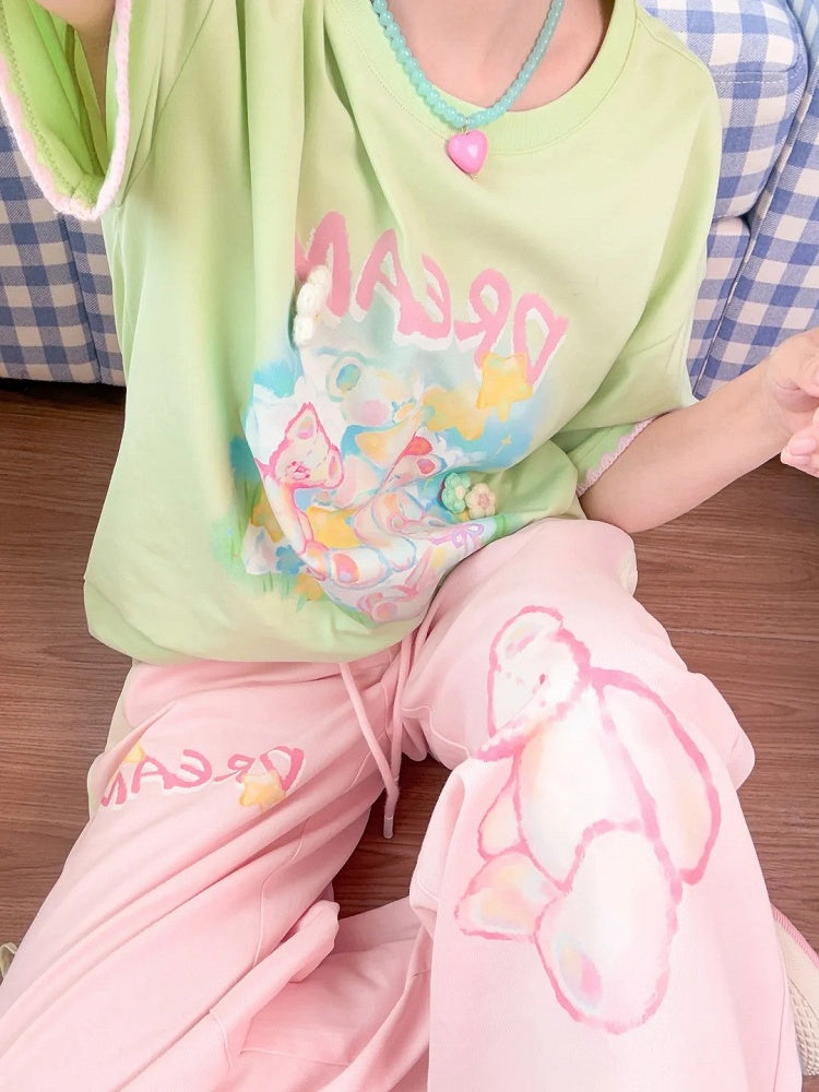 Akzente Grün Rundhals Teddybär Print Strick Lose T-shirt Floral