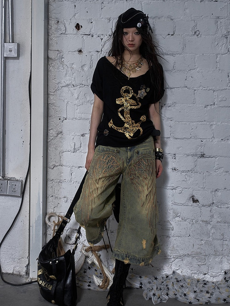 Vintage Wide-leg Jeans Punk Wing Embroidery with Distressed Holes Yellow Angel