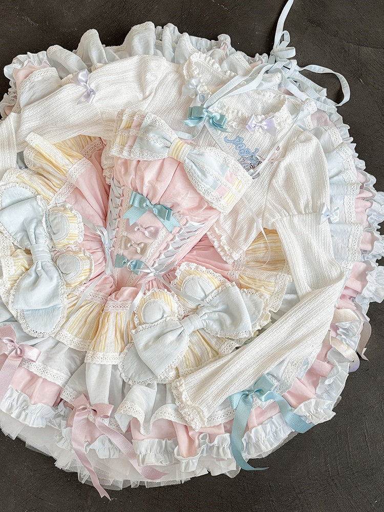 ピンクとブルーのスイートプリンセスパフィーティアードフリルスカートボーンドレス