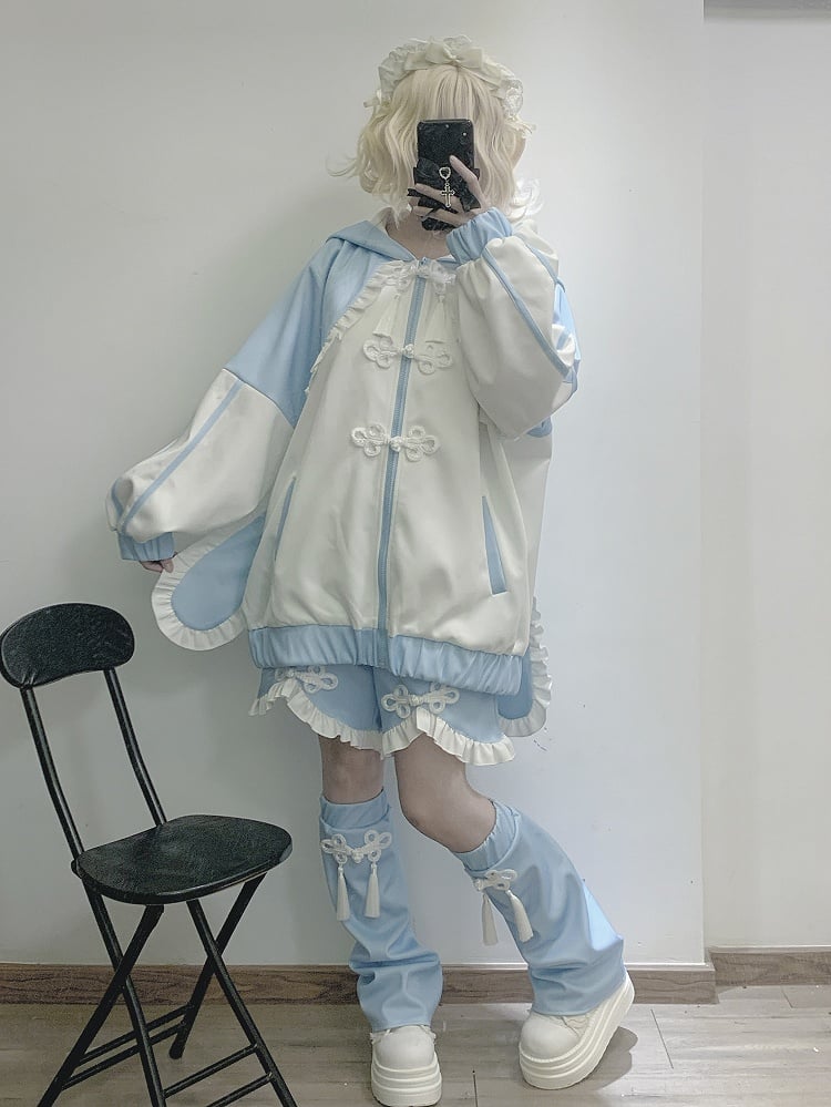 Tenshi Kaiwai Blaue Jirai Kei-Shorts mit Rüschenbesatz und Knotenknöpfen