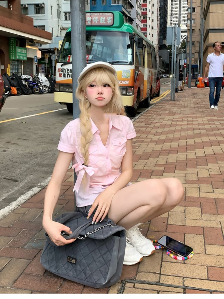 Pleated Skirt Style Preppy Sweet Pink Short Sleeve Shirt/Gray Mini
