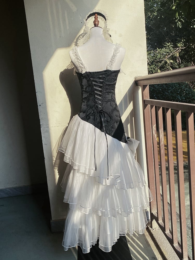 Classic Layered Tulle Lolita Fit Jacquard Bodice Hem Slim Dress Black White Floral