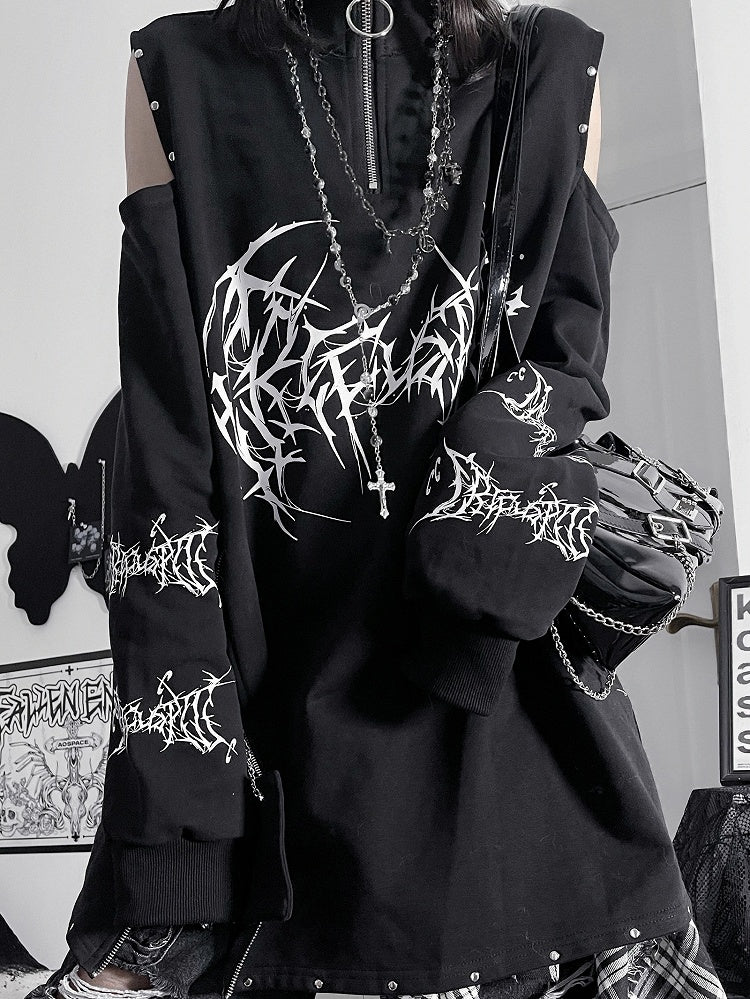 Emo Punk Shoulder Cutout BlackRed Sweatshirt Design