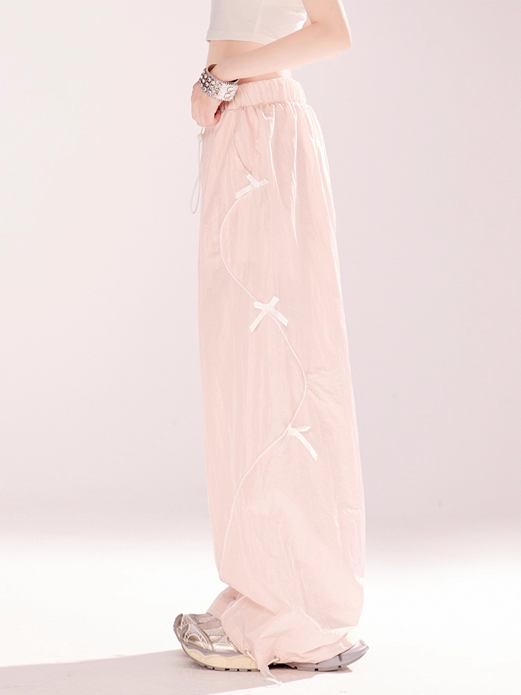 Details Wide-leg Casual Pants Pink Drawstring Waist and Cuffs Bowknot