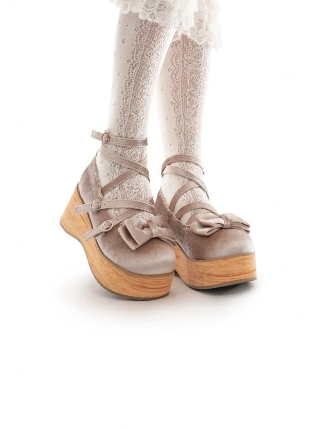 Heel with for Beige - Straps Janes Crossed Sweet Bow Platform Decor Lolita Mary