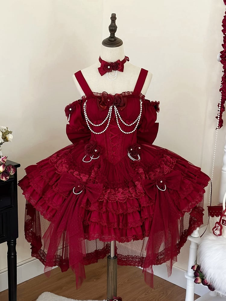 ウエストフラワーバスク裾フェアリースカートドレスジャンパーティアードレッドロリータ花嫁