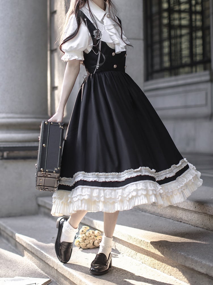 Preppy Style Black High Waist Overall Dress with Beige Lace Trim
