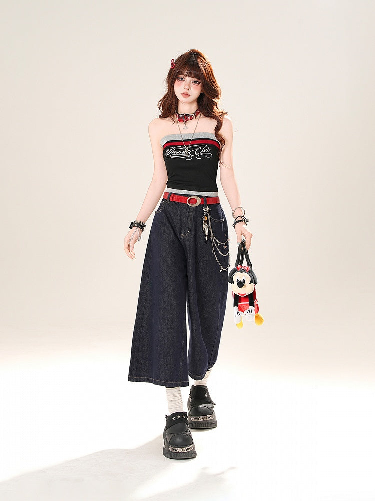 Navy Blue/Black Letter Print Cropped Strapless Top