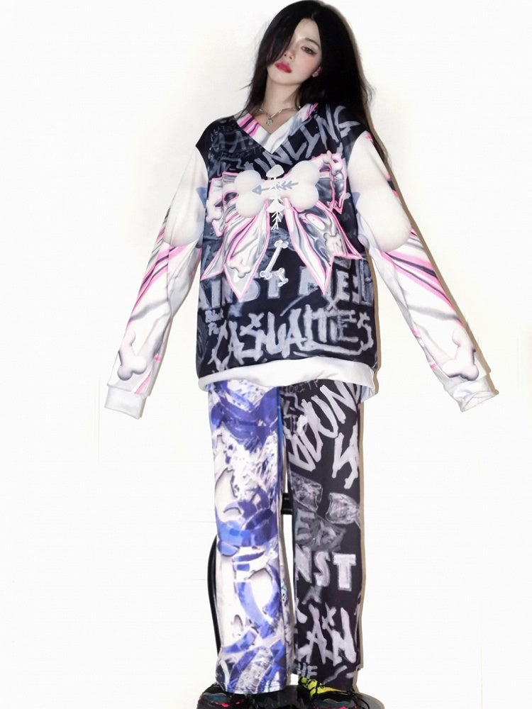 Wide-leg Pants Letter Y2K BlueBlack Print Cut