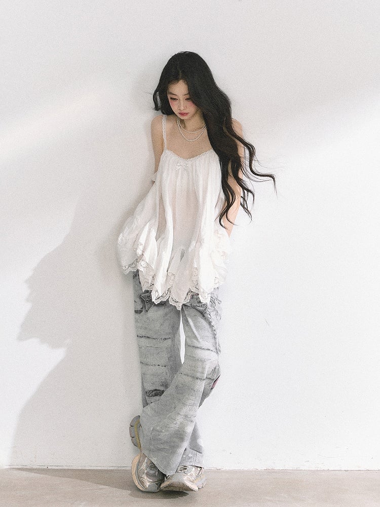 White Handkerchief Hem Lace Trim Chiffon Cami Top