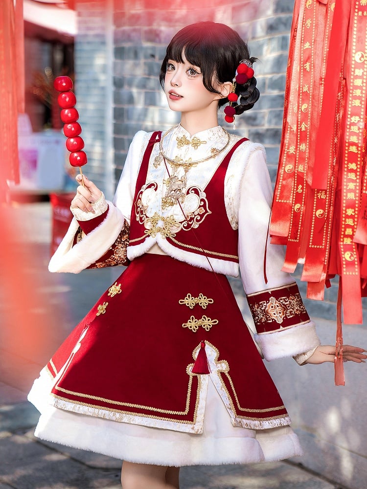 Red New Year Knot Buttons Banded Collar Lolita Dress Vest Tassels Crossbody Bag Full Set