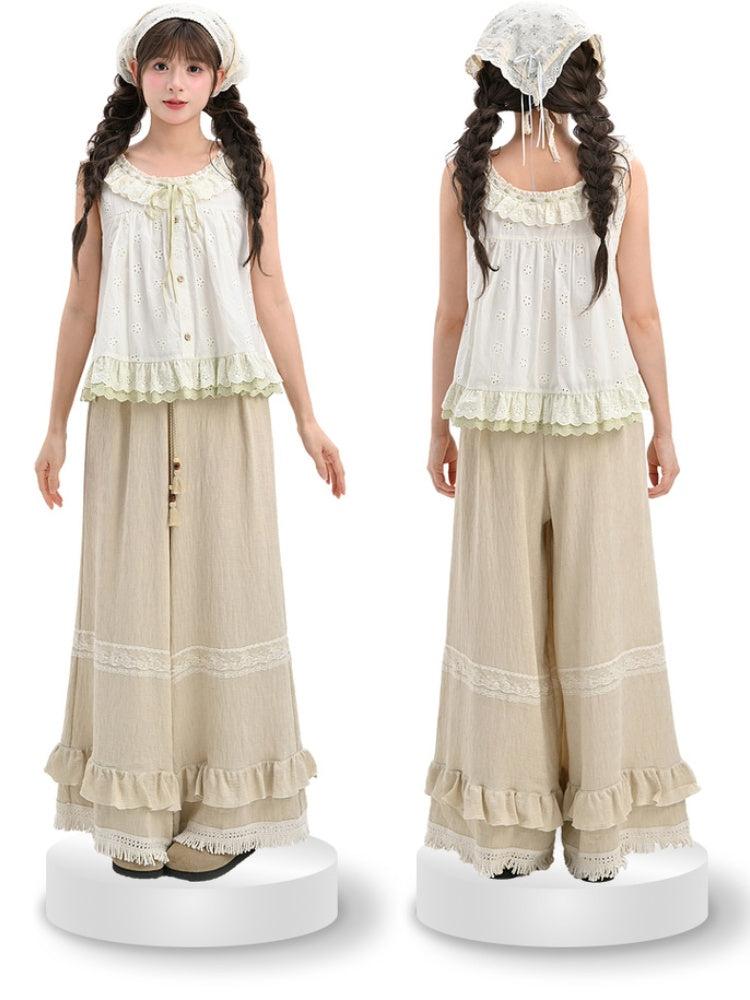 Khakifarbene, gerüschte Flachs-Manschetten mit Quastenbesatz und Kordelzug, normale/kurze Taille, Hose mit weitem Bein