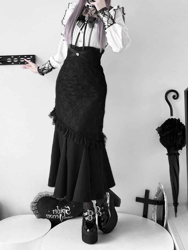 Waist Heart Rhinestone Jirai Kei Mermaid Skirt Black High