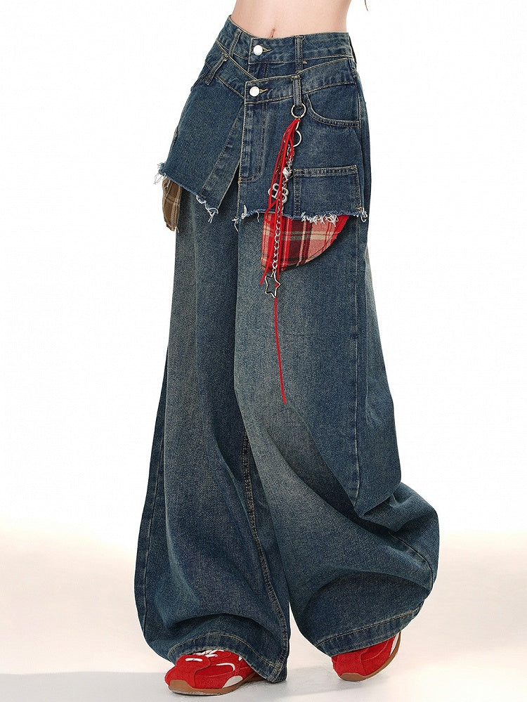 Blue Fake Two-piece Design Wide-leg Cut Jeans
