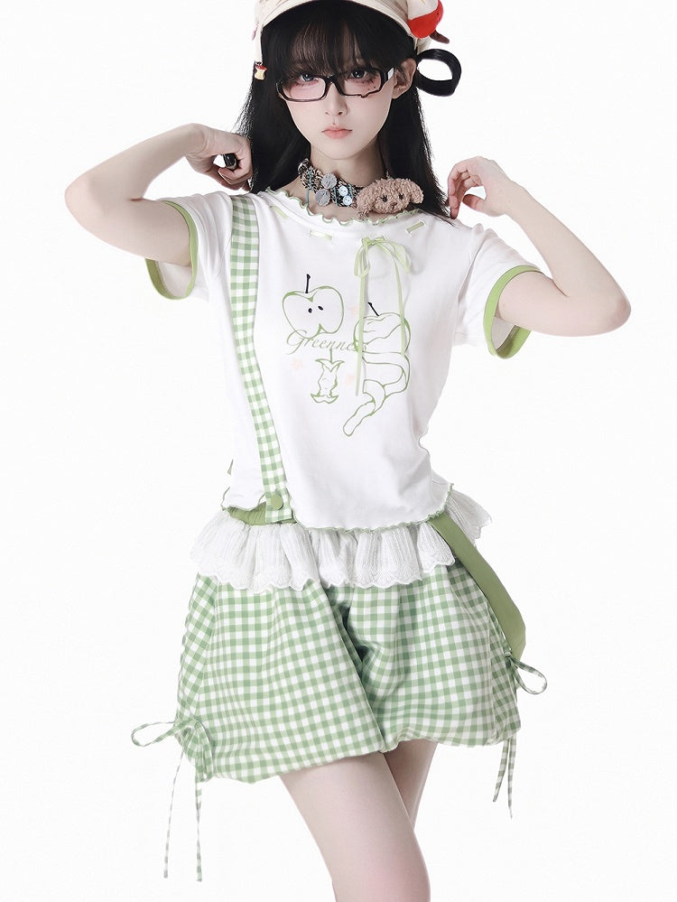 Bubble Shorts Grün Plaid Overalls Abnehmbare Träger Schulter
